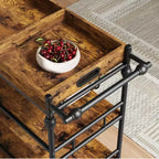 Acekool Chariot de Bar pour la Maison, Chariot Roulant à 3 Niveaux avec Plateau Amovible, Cadre en Métal Gris Marron, Étagères de Rangement pour Cuisine Salle à Manger