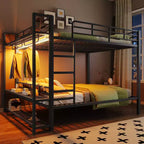 Lit superposé en métal de taille double Whisen avec bandes lumineuses LED (7 couleurs), étagères de rangement ouvertes et crochets