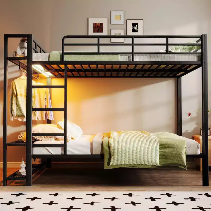 Lit superposé en métal de taille double Whisen avec bandes lumineuses LED (7 couleurs), étagères de rangement ouvertes et crochets