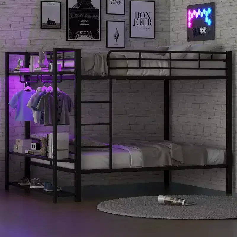 Lit superposé en métal de taille double Whisen avec bandes lumineuses LED (7 couleurs), étagères de rangement ouvertes et crochets