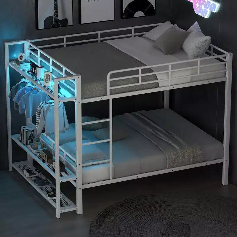 Lit superposé en métal de taille double Whisen avec bandes lumineuses LED (7 couleurs), étagères de rangement ouvertes et crochets