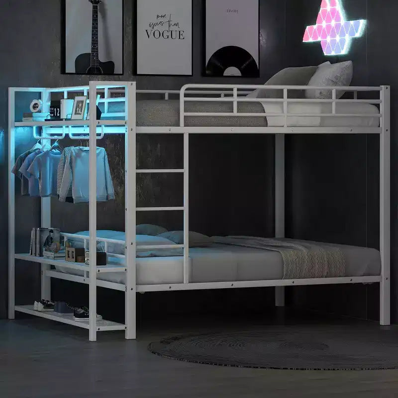 Lit superposé en métal de taille double Whisen avec bandes lumineuses LED (7 couleurs), étagères de rangement ouvertes et crochets