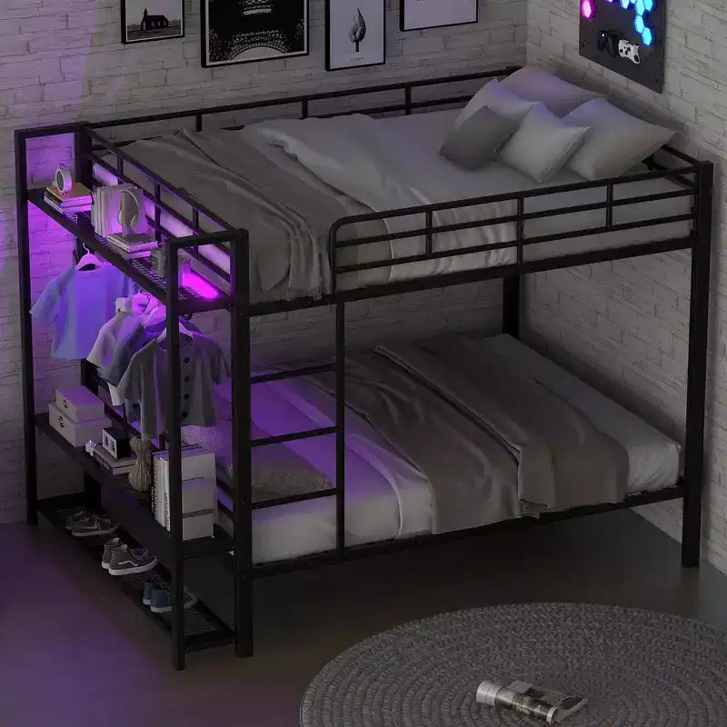 Lit superposé en métal de taille double Whisen avec bandes lumineuses LED (7 couleurs), étagères de rangement ouvertes et crochets
