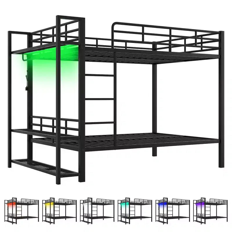 Lit superposé en métal de taille double Whisen avec bandes lumineuses LED (7 couleurs), étagères de rangement ouvertes et crochets
