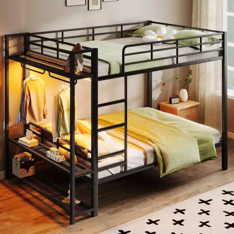 Lit superposé en métal de taille double Whisen avec bandes lumineuses LED (7 couleurs), étagères de rangement ouvertes et crochets