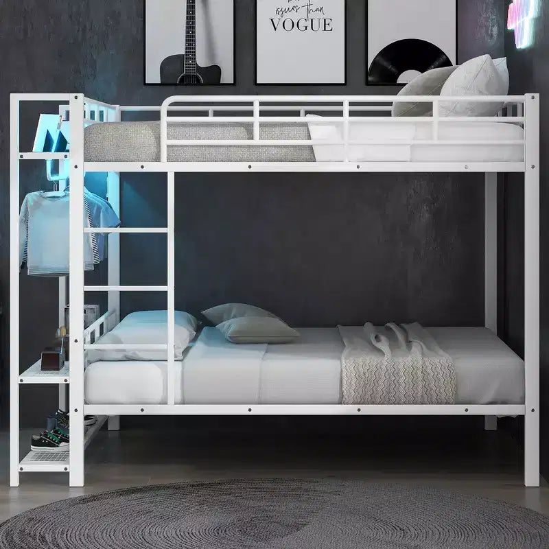 Lit superposé en métal de taille double Whisen avec bandes lumineuses LED (7 couleurs), étagères de rangement ouvertes et crochets