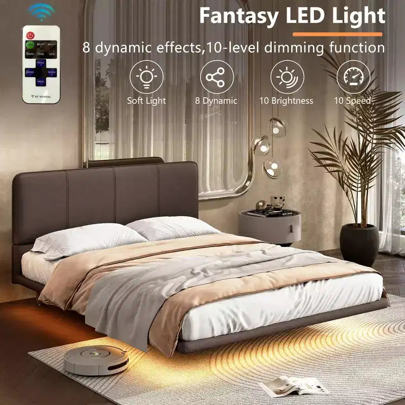Lit plateforme flottant grand format Whisen avec lumières LED, cuir PU, construction robuste et attrait moderne