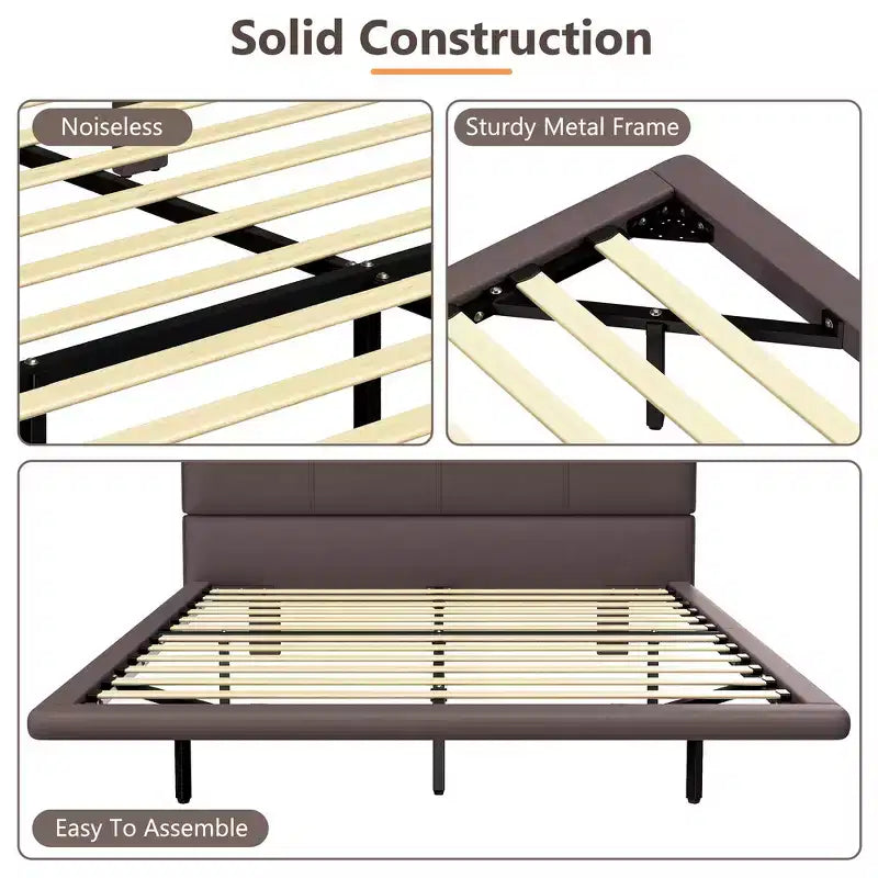 Lit plateforme flottant grand format Whisen avec lumières LED, cuir PU, construction robuste et attrait moderne