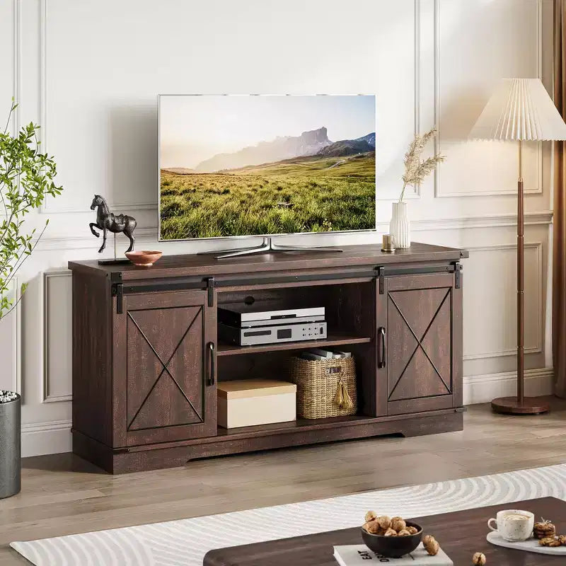 Farmhouse TV Stand for TV Up to 65 Inches, Rustic Entertainment Center with Sliding Barn Doors, Wood Storage Cabinets and Adjustable Shelf