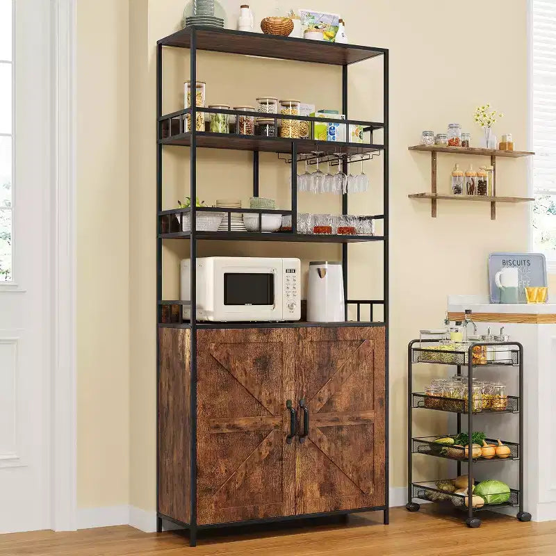 Meuble de bar haut de 180 cm, étagère de boulanger avec armoire, support de micro-ondes avec porte-verres, grande étagère de boulanger à 5 niveaux avec rangement