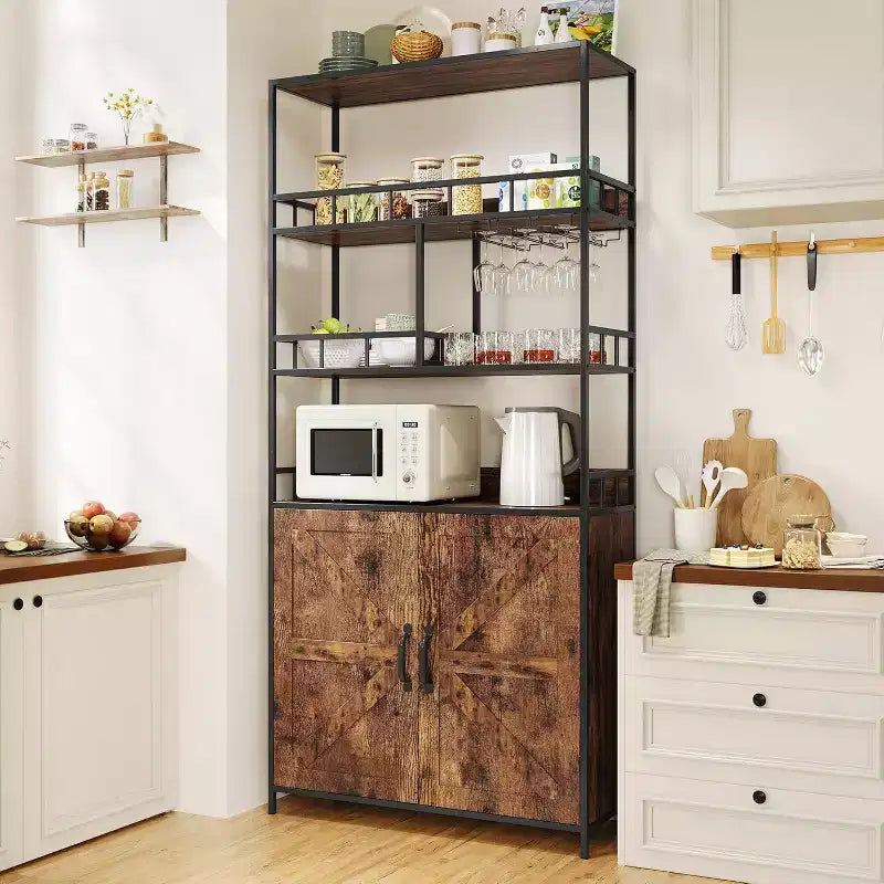 Meuble de bar haut de 180 cm, étagère de boulanger avec armoire, support de micro-ondes avec porte-verres, grande étagère de boulanger à 5 niveaux avec rangement
