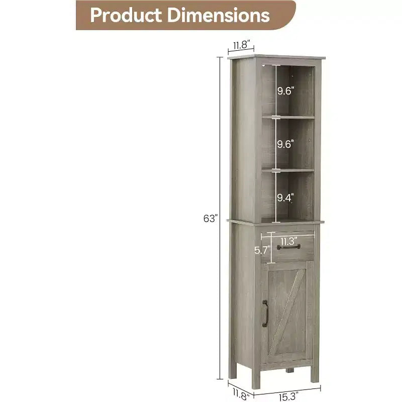 Meuble de rangement étroit, meuble de salle de bain haut avec porte et tiroir, meubles de rangement de style ferme pour salles de bain, gris