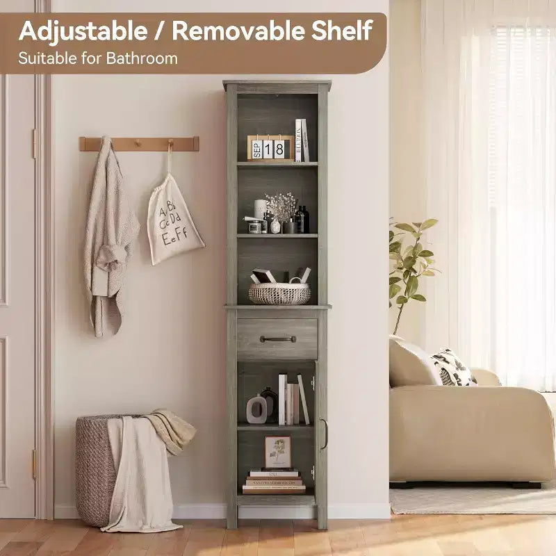 Meuble de rangement étroit, meuble de salle de bain haut avec porte et tiroir, meubles de rangement de style ferme pour salles de bain, gris