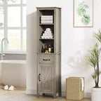 Meuble de rangement étroit, meuble de salle de bain haut avec porte et tiroir, meubles de rangement de style ferme pour salles de bain, gris