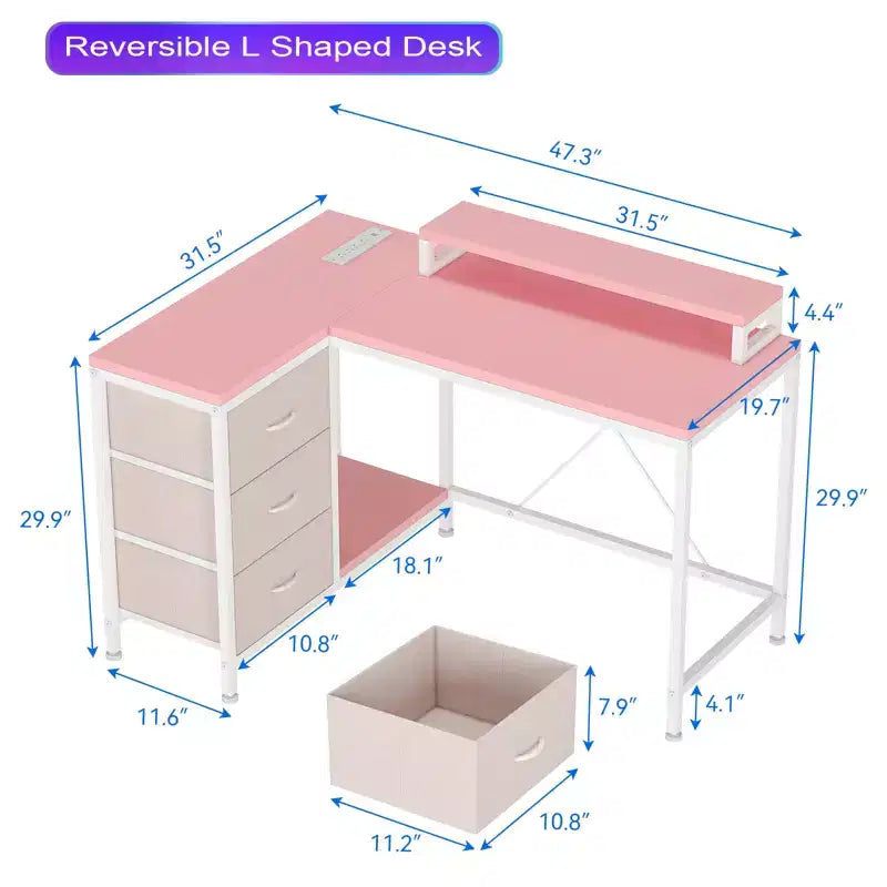 CuisinSmart Bureau d'angle en L de 43 pouces, bureau de gaming à 3 tiroirs avec étagères de rangement et support d'écran, bureau réversible pour la maison ou le bureau