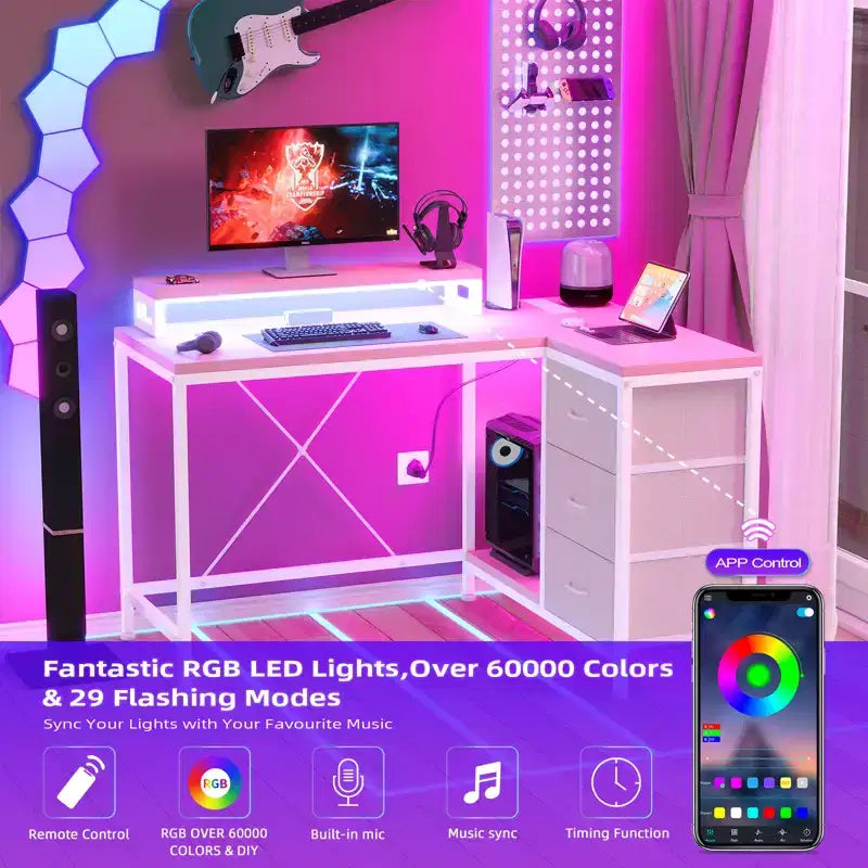 CuisinSmart Bureau d'angle en L de 43 pouces, bureau de gaming à 3 tiroirs avec étagères de rangement et support d'écran, bureau réversible pour la maison ou le bureau