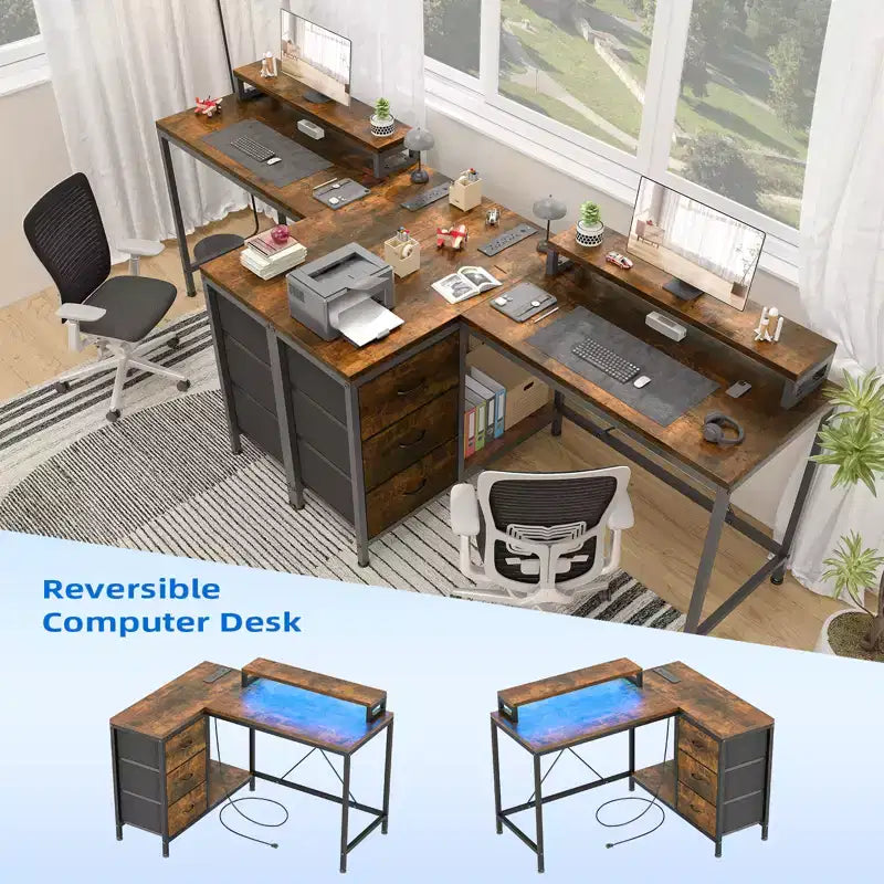 CuisinSmart Bureau d'angle en L de 43 pouces, bureau de gaming à 3 tiroirs avec étagères de rangement et support d'écran, bureau réversible pour la maison ou le bureau
