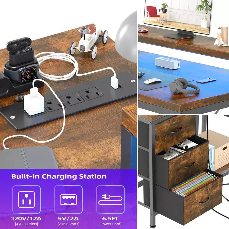 CuisinSmart Bureau d'angle en L de 43 pouces, bureau de gaming à 3 tiroirs avec étagères de rangement et support d'écran, bureau réversible pour la maison ou le bureau