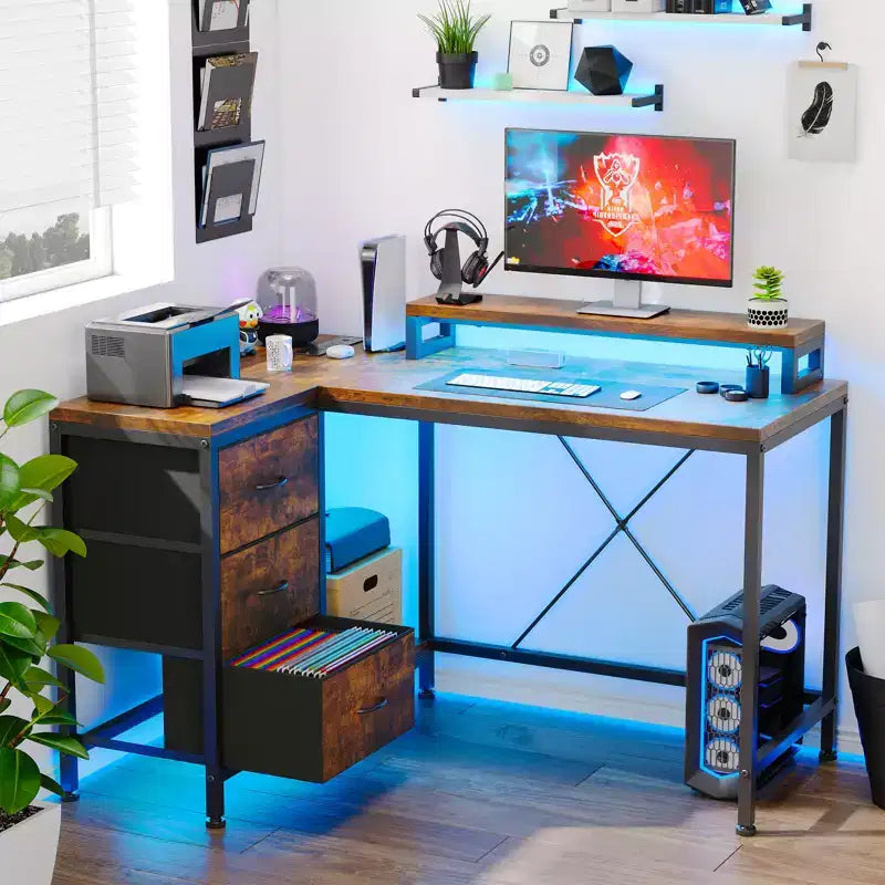 CuisinSmart Bureau d'angle en L de 43 pouces, bureau de gaming à 3 tiroirs avec étagères de rangement et support d'écran, bureau réversible pour la maison ou le bureau