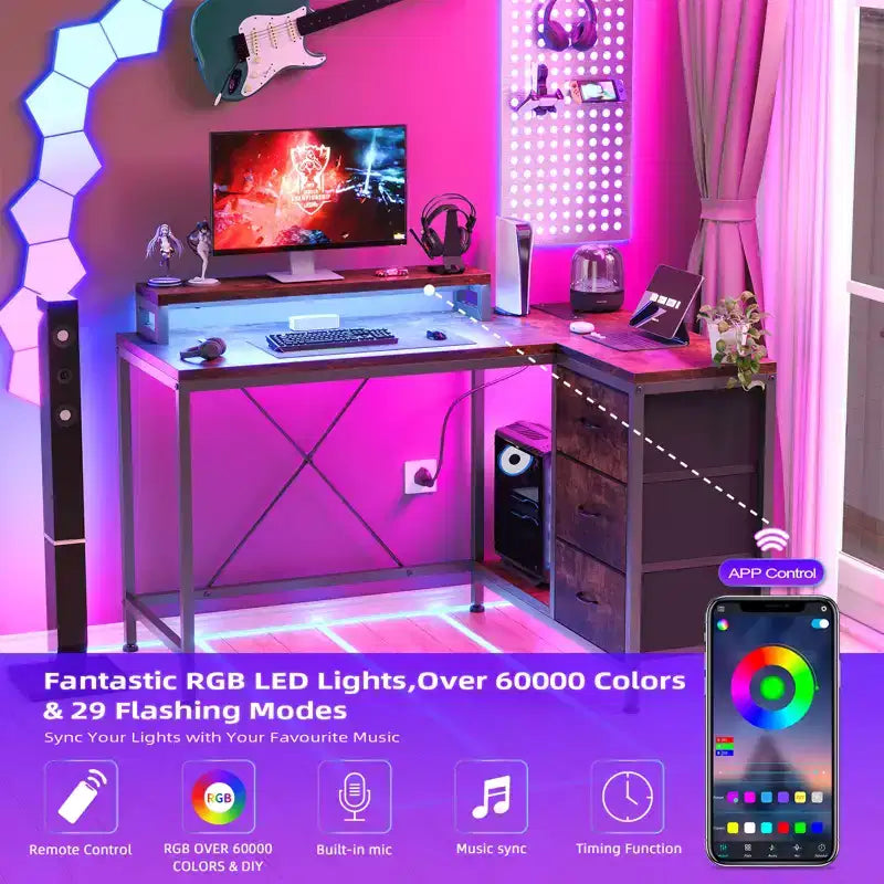 CuisinSmart Bureau d'angle en L de 43 pouces, bureau de gaming à 3 tiroirs avec étagères de rangement et support d'écran, bureau réversible pour la maison ou le bureau
