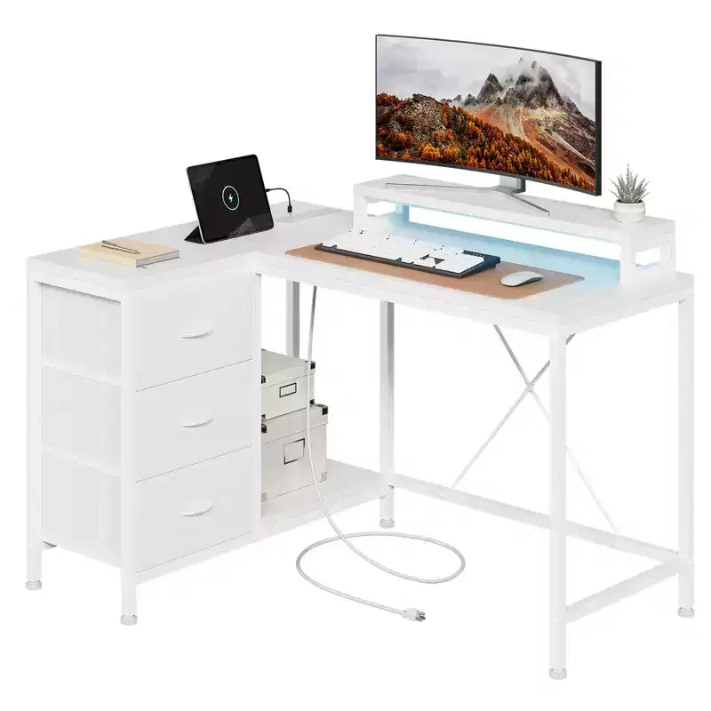 CuisinSmart Bureau d'angle en L de 43 pouces, bureau de gaming à 3 tiroirs avec étagères de rangement et support d'écran, bureau réversible pour la maison ou le bureau