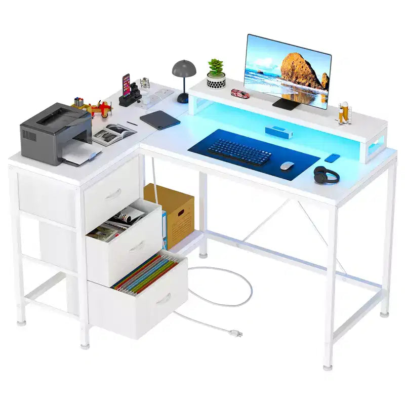 CuisinSmart Bureau d'angle en L de 43 pouces, bureau de gaming à 3 tiroirs avec étagères de rangement et support d'écran, bureau réversible pour la maison ou le bureau