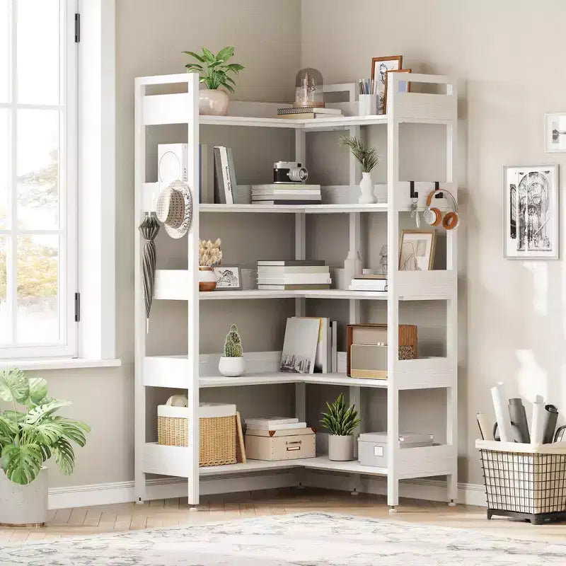 GustoWave Étagère de rangement en forme de L de 167 cm, étagère d'angle convertible à 5 niveaux Étagère de rangement/bibliothèque Noir/Blanc