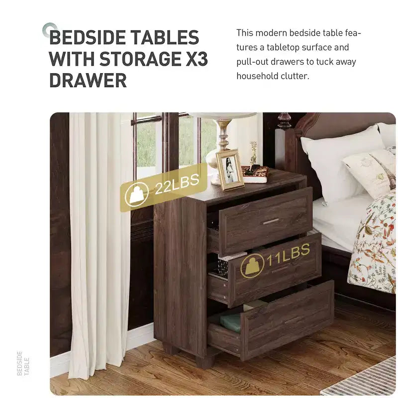 Famapy Grande table de chevet vintage en bois à 3 tiroirs