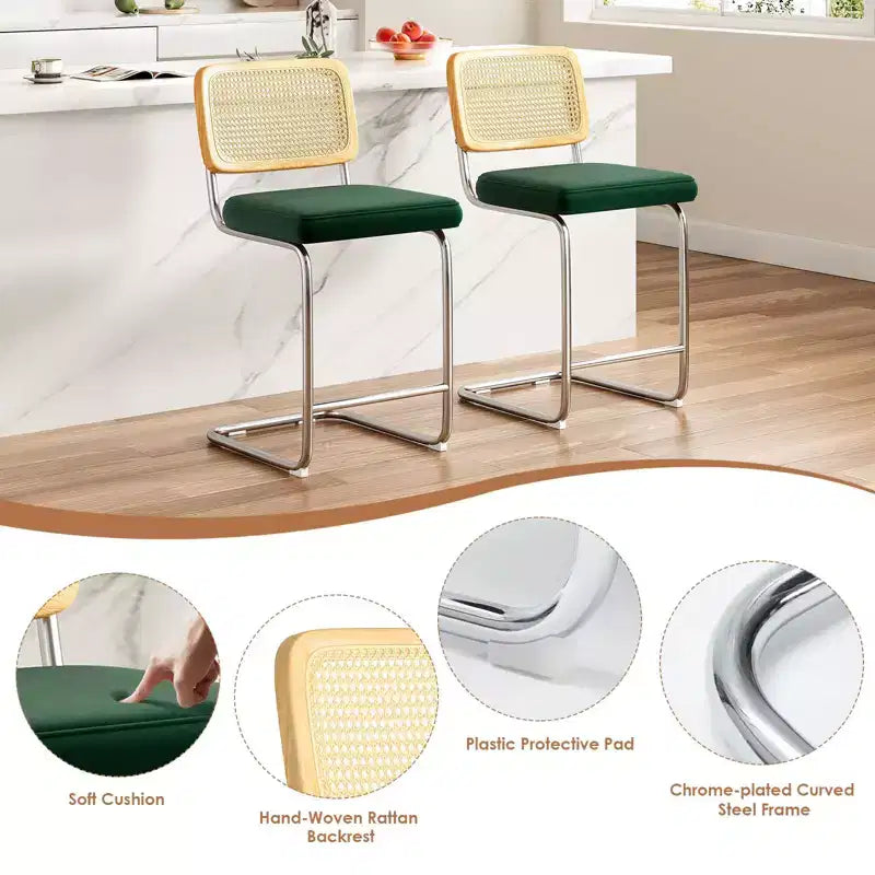PexFix Lot de 2 tabourets de bar à hauteur de comptoir, tabourets de bar en velours rembourrés avec dossier en rotin, chaises de bar sans accoudoirs de 61 cm pour îlot de cuisine, vert noirâtre