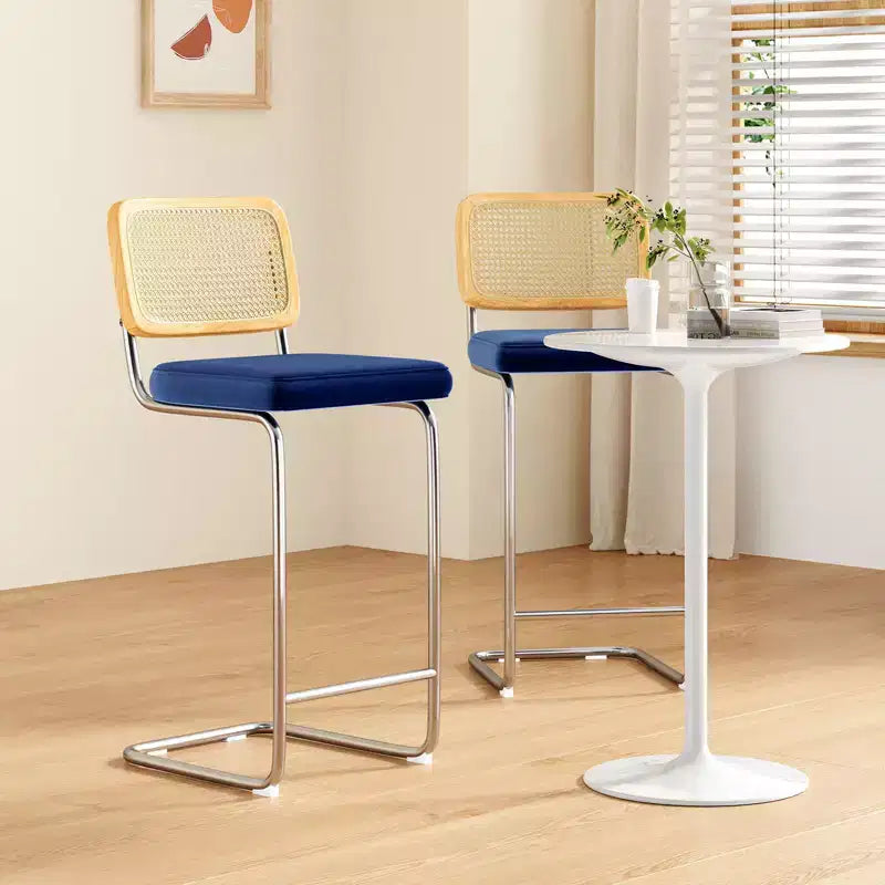PexFix 2Pcs Counter Height Bar Stools Upholstered Velvet Barstools with Rattan Back 30 Height Stools Armless Bar Chairs for Kitchen Island Blue