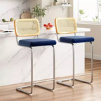 PexFix Lot de 2 tabourets de bar à hauteur de comptoir, tabourets de bar en velours rembourrés avec dossier en rotin, tabourets de 30 po de hauteur, chaises de bar sans accoudoirs pour îlot de cuisine, bleus
