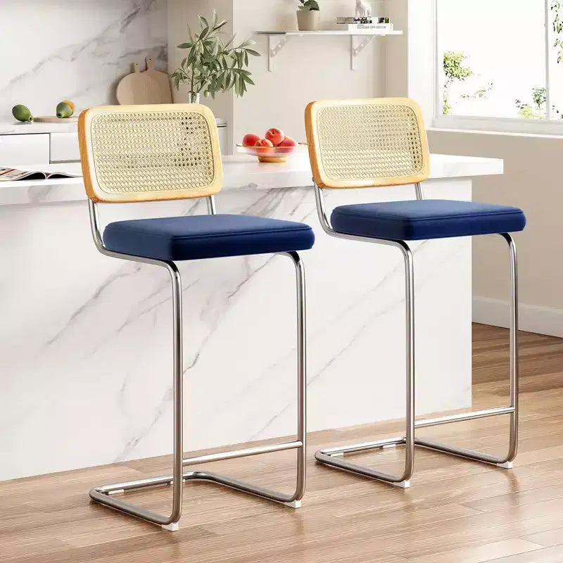 PexFix Lot de 2 tabourets de bar à hauteur de comptoir, tabourets de bar en velours rembourrés avec dossier en rotin, tabourets de 30 po de hauteur, chaises de bar sans accoudoirs pour îlot de cuisine, bleus
