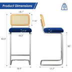 PexFix Lot de 2 tabourets de bar à hauteur de comptoir, tabourets de bar en velours rembourrés avec dossier en rotin, tabourets de 30 po de hauteur, chaises de bar sans accoudoirs pour îlot de cuisine, bleus