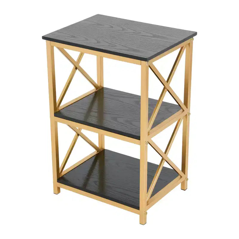 Table d'appoint à 3 niveaux en métal et bois recyclé, noir et or