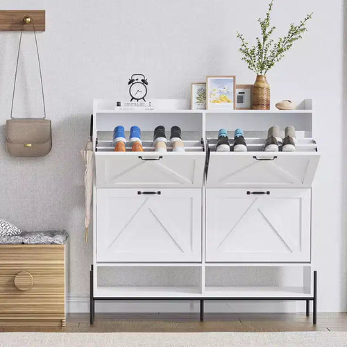 48.4 White Shoe Cabinet with 4 Flip Drawers, Large Capacity Entryway Storage with Metal Legs, Anti-Tip Modern Shoe Organizer