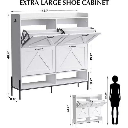 Meuble à chaussures blanc de 123 cm avec 4 tiroirs basculants, rangement d'entrée grande capacité avec pieds en métal, organisateur de chaussures moderne anti-basculement