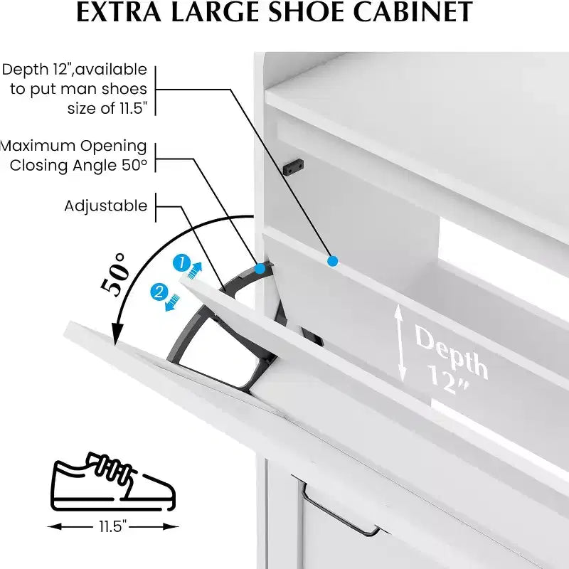 Meuble à chaussures blanc de 123 cm avec 4 tiroirs basculants, rangement d'entrée grande capacité avec pieds en métal, organisateur de chaussures moderne anti-basculement