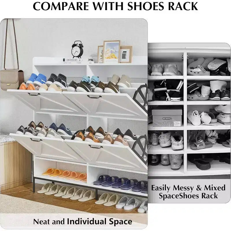 Meuble à chaussures blanc de 123 cm avec 4 tiroirs basculants, rangement d'entrée grande capacité avec pieds en métal, organisateur de chaussures moderne anti-basculement
