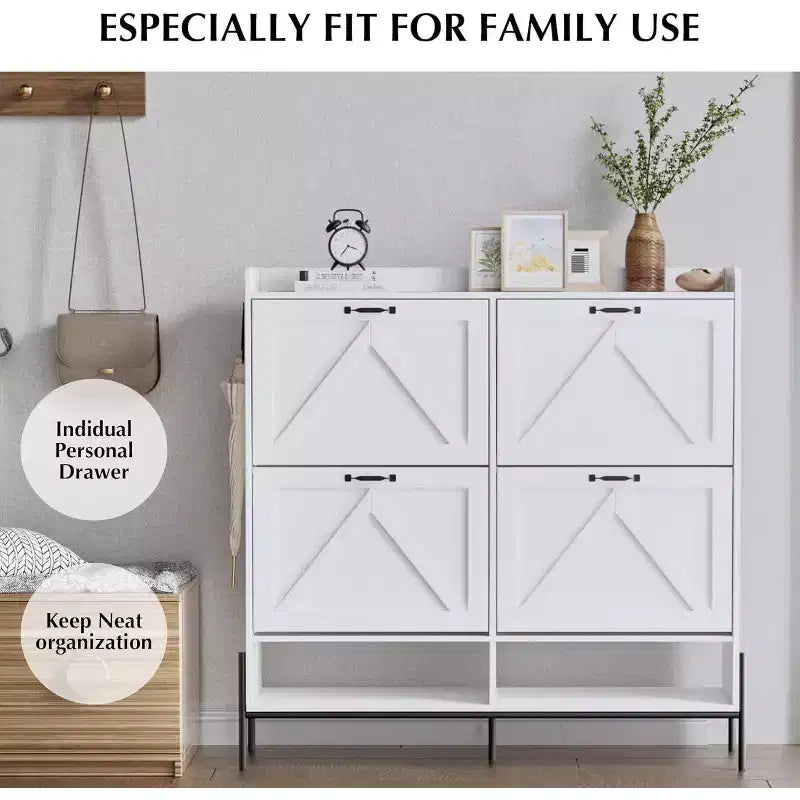Meuble à chaussures blanc de 123 cm avec 4 tiroirs basculants, rangement d'entrée grande capacité avec pieds en métal, organisateur de chaussures moderne anti-basculement