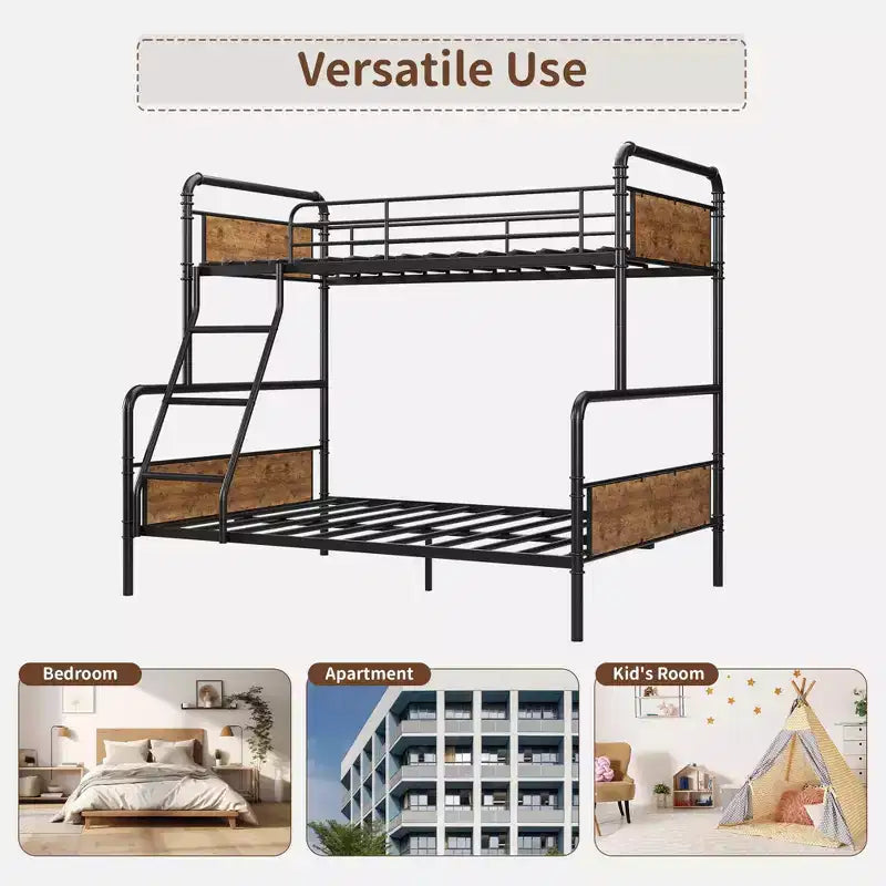 GustoWave Lit superposé en métal, taille double sur lit complet, avec échelle inclinée, garde-corps haut