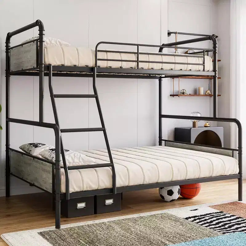 GustoWave Lit superposé en métal, taille double sur lit complet, avec échelle inclinée, garde-corps haut