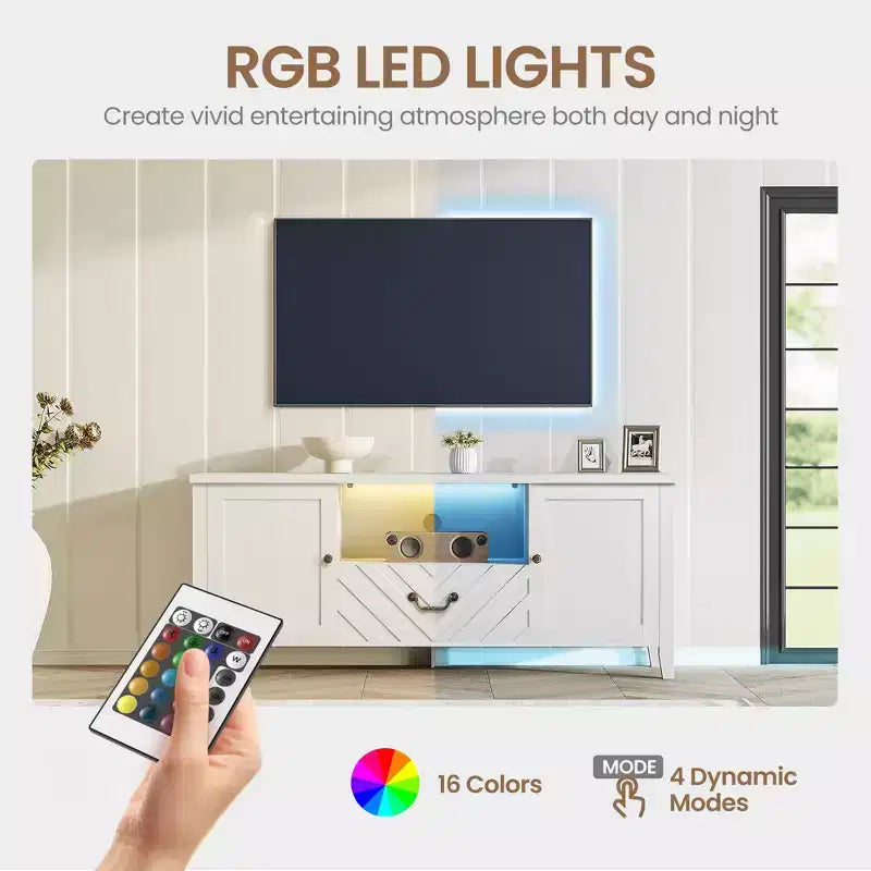 Meuble TV blanc GustoWave pour téléviseur jusqu'à 65 pouces, centre de divertissement avec rangement et tiroir pour salon, chambre à coucher