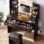 Coiffeuse GustoWave avec miroir et lumières, ensemble de coiffeuse de maquillage avec tabouret rembourré, prise de courant, 6 étagères de rangement, 2 tiroirs