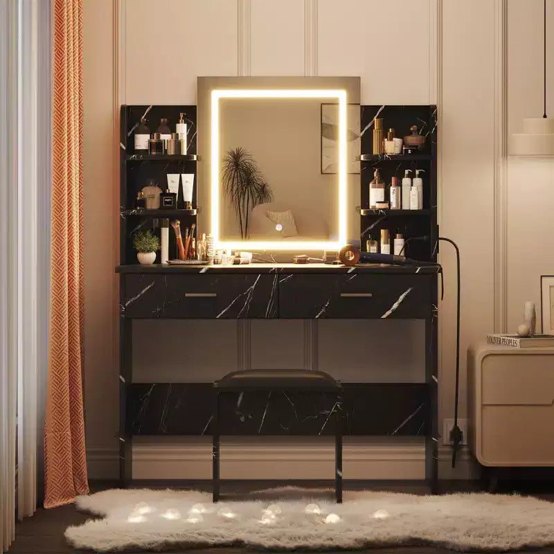 Coiffeuse GustoWave avec miroir et lumières, ensemble de coiffeuse de maquillage avec tabouret rembourré, prise de courant, 6 étagères de rangement, 2 tiroirs