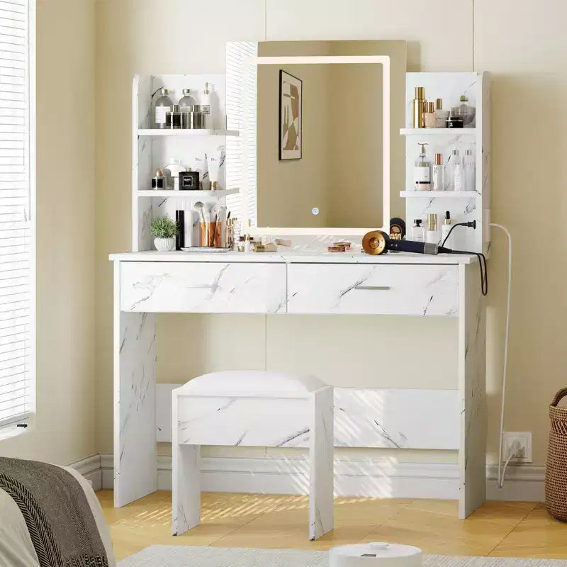 Coiffeuse GustoWave avec miroir et lumières, ensemble de coiffeuse de maquillage avec tabouret rembourré, prise de courant, 6 étagères de rangement, 2 tiroirs