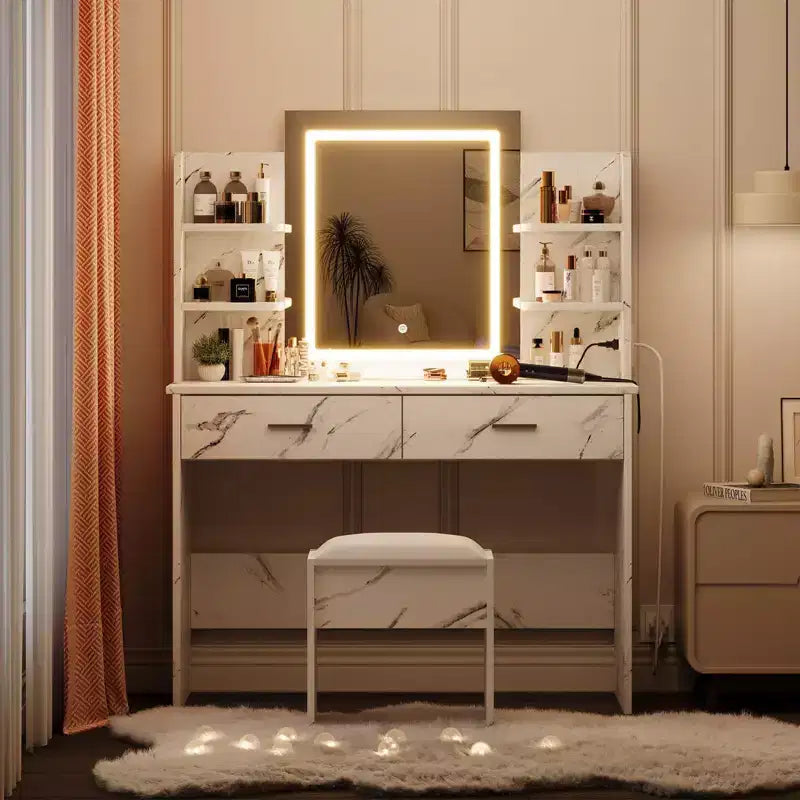 Coiffeuse GustoWave avec miroir et lumières, ensemble de coiffeuse de maquillage avec tabouret rembourré, prise de courant, 6 étagères de rangement, 2 tiroirs