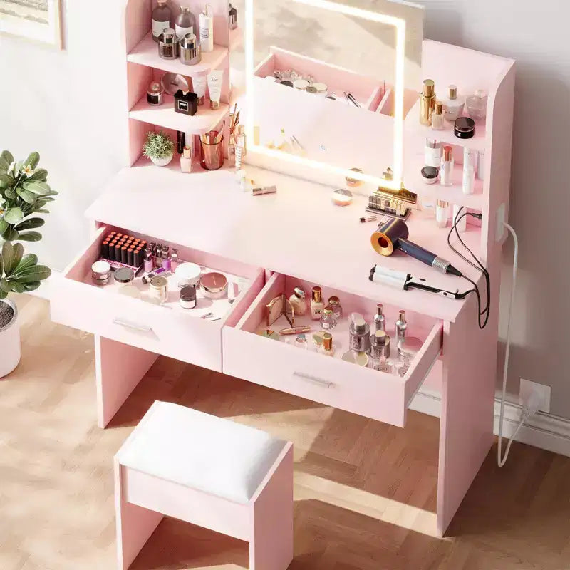Coiffeuse GustoWave avec miroir et lumières, ensemble de coiffeuse de maquillage avec tabouret rembourré, prise de courant, 6 étagères de rangement, 2 tiroirs