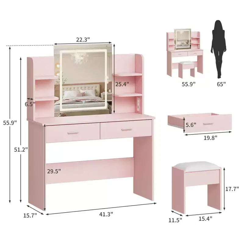 Coiffeuse GustoWave avec miroir et lumières, ensemble de coiffeuse de maquillage avec tabouret rembourré, prise de courant, 6 étagères de rangement, 2 tiroirs