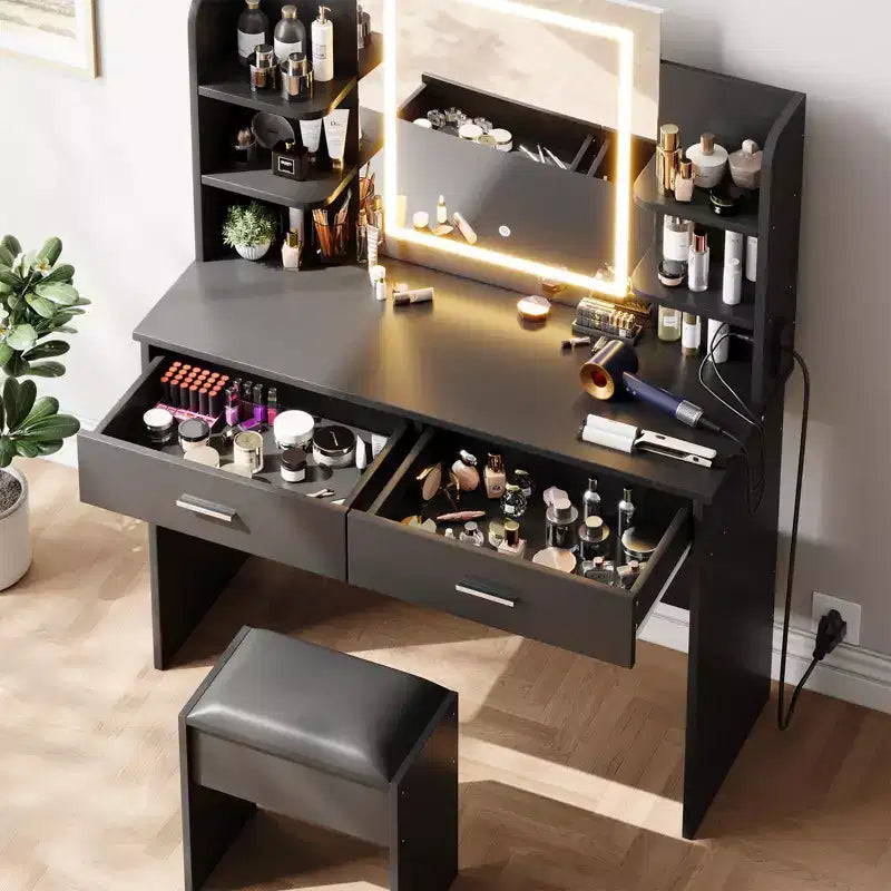 Coiffeuse GustoWave avec miroir et lumières, ensemble de coiffeuse de maquillage avec tabouret rembourré, prise de courant, 6 étagères de rangement, 2 tiroirs