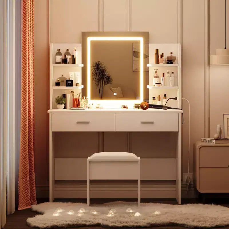 Coiffeuse GustoWave avec miroir et lumières, ensemble de coiffeuse de maquillage avec tabouret rembourré, prise de courant, 6 étagères de rangement, 2 tiroirs